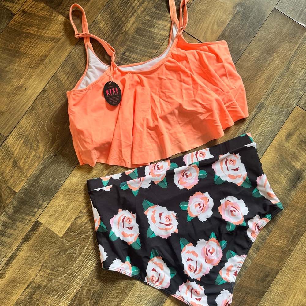 New Coral Ruffle Bikini Top with Floral High-Waist Bottoms - Picture 5 of 6